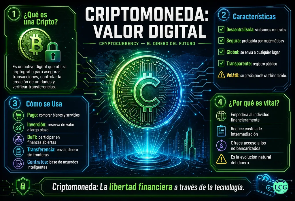 Infograf&iacute;a explicativa sobre Cryptocurrency en blockchain y crypto