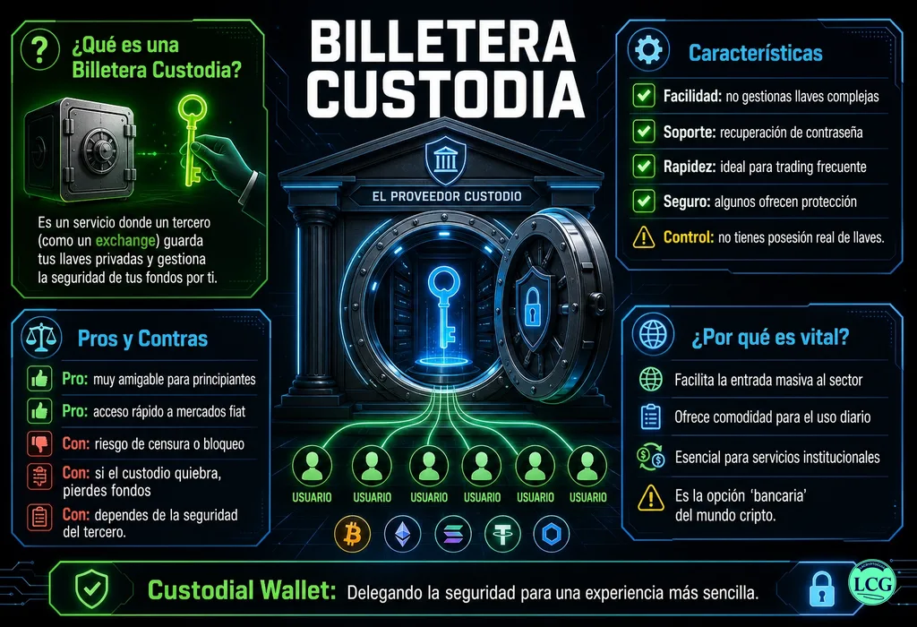 Infograf&iacute;a explicativa sobre Custodial Wallet en blockchain y crypto