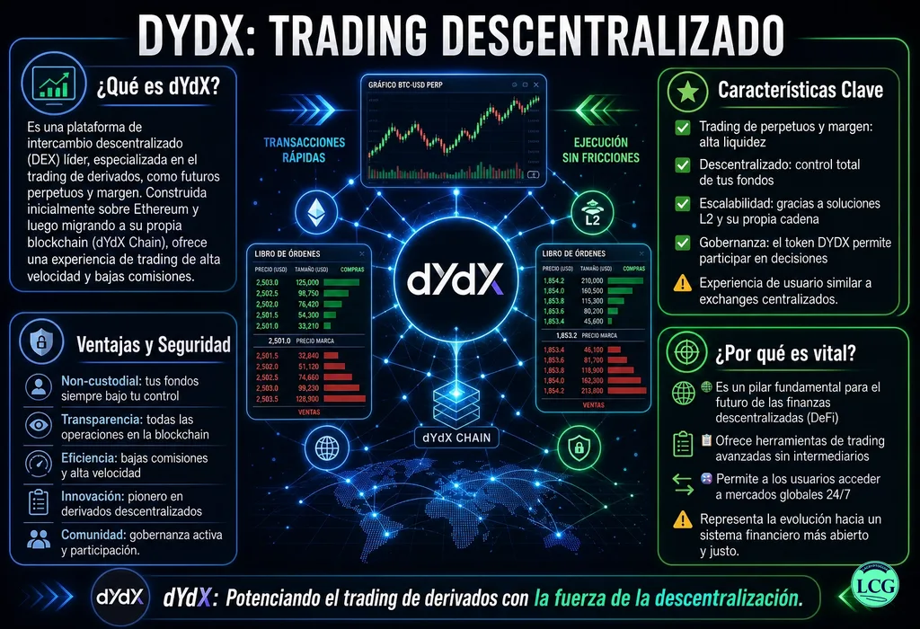 Infograf&iacute;a explicativa sobre Dydx (Dydx) en blockchain y crypto