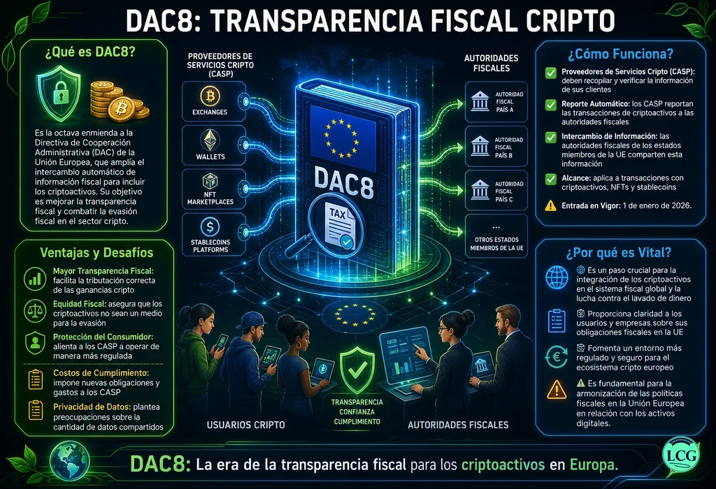 Infograf&iacute;a explicativa sobre Dac8 en blockchain y crypto