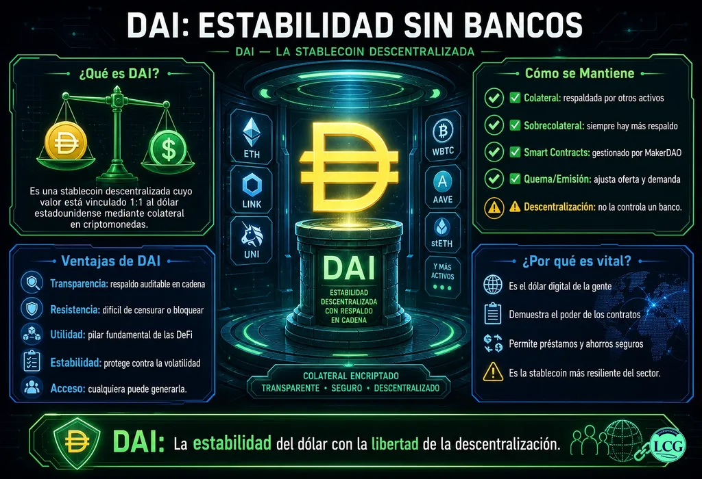 Infograf&iacute;a explicativa sobre Dai en blockchain y crypto