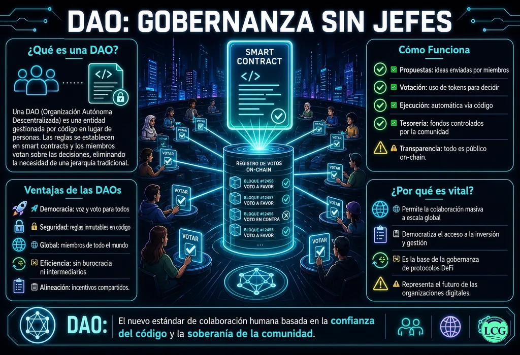 Infograf&iacute;a explicativa sobre Dao en blockchain y crypto