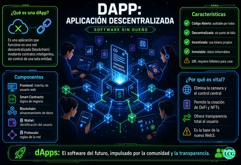 Infografía explicativa sobre Dapp en blockchain y crypto