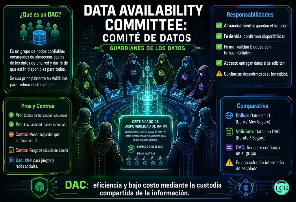 Infografía explicativa sobre Data Availability Committee (Dac) en blockchain y crypto