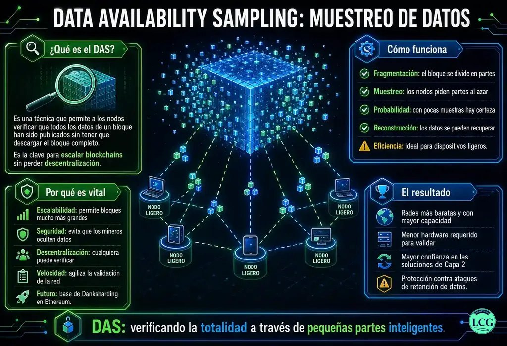 Infograf&iacute;a explicativa sobre Data Availability Sampling (Das) en blockchain y crypto