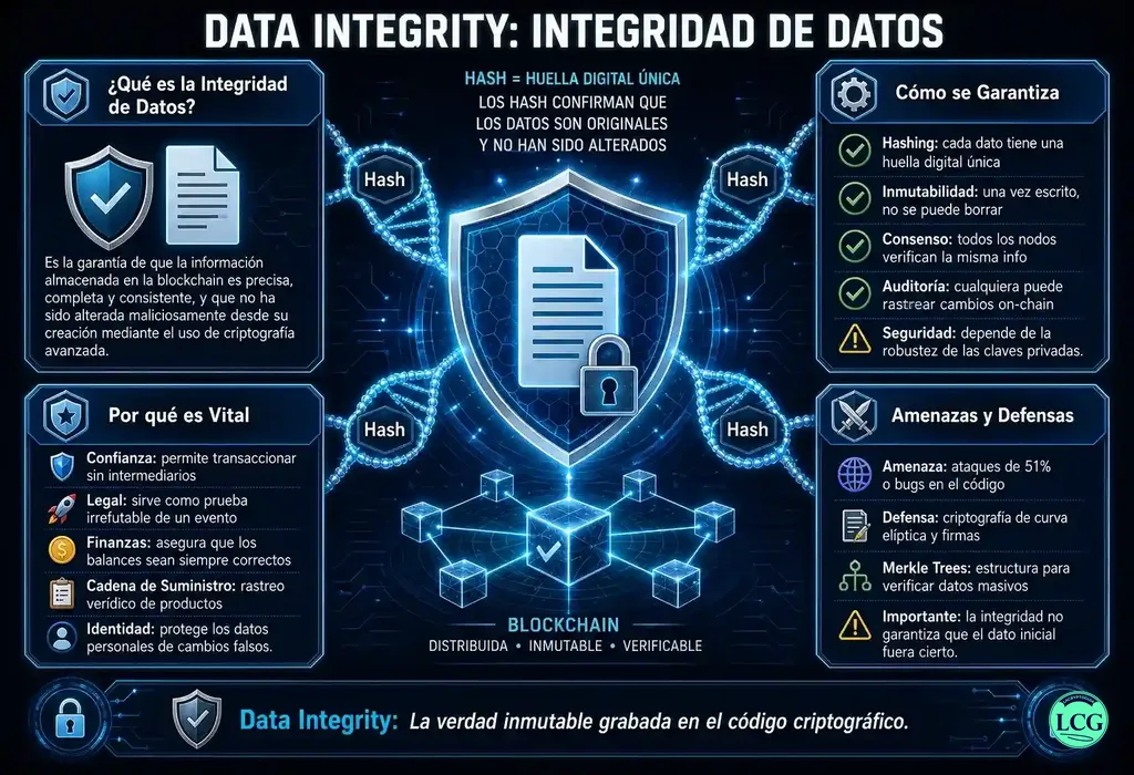 Infograf&iacute;a explicativa sobre Data Integrity en blockchain y crypto