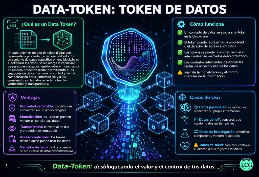 Infograf&iacute;a explicativa sobre Data Token en blockchain y crypto