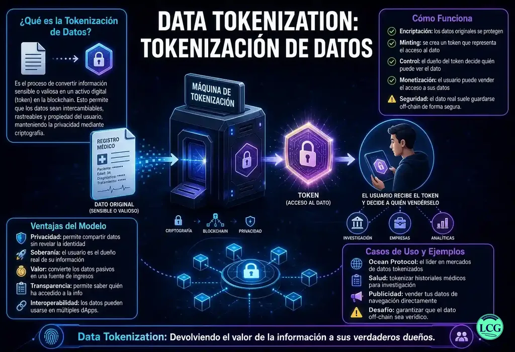 Infograf&iacute;a explicativa sobre Data Tokenization en blockchain y crypto