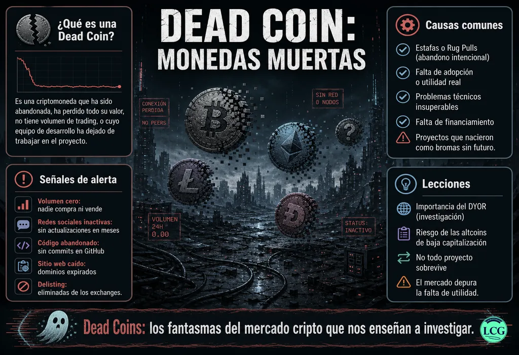 Infograf&iacute;a explicativa sobre Dead Coin en blockchain y crypto