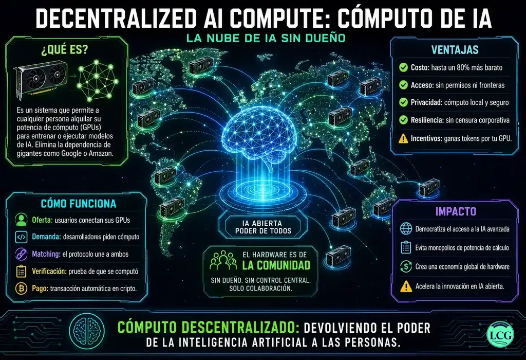 Infograf&iacute;a explicativa sobre Decentralized Ai Compute en blockchain y crypto
