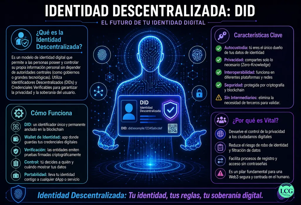Infograf&iacute;a explicativa sobre Decentralized Identity Did en blockchain y crypto
