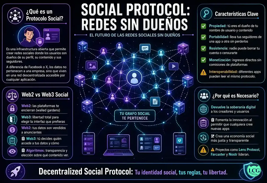 Infograf&iacute;a explicativa sobre Decentralized Social Protocol en blockchain y crypto
