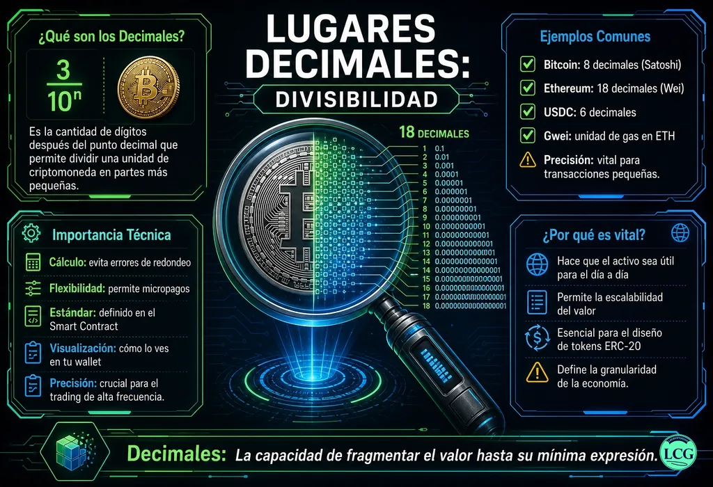 Infograf&iacute;a explicativa sobre Decimal Places en blockchain y crypto