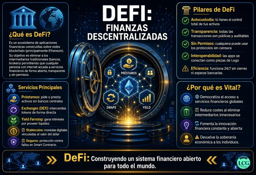 Infograf&iacute;a explicativa sobre Defi en blockchain y crypto