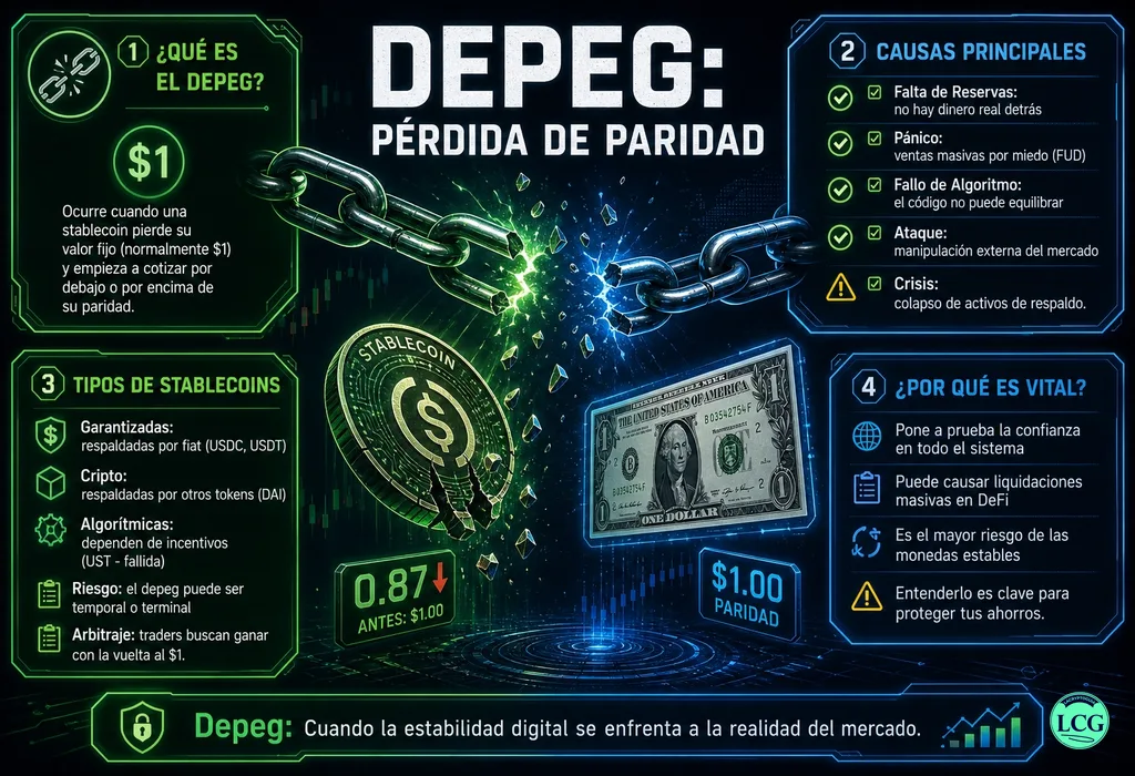 Infograf&iacute;a explicativa sobre Depeg en blockchain y crypto