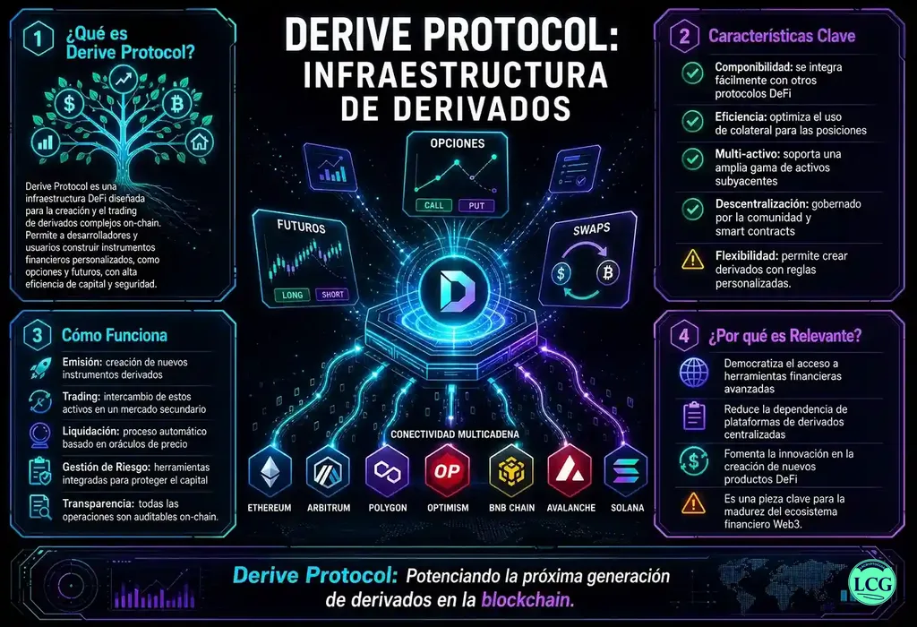 Infograf&iacute;a explicativa sobre Derive Protocol en blockchain y crypto