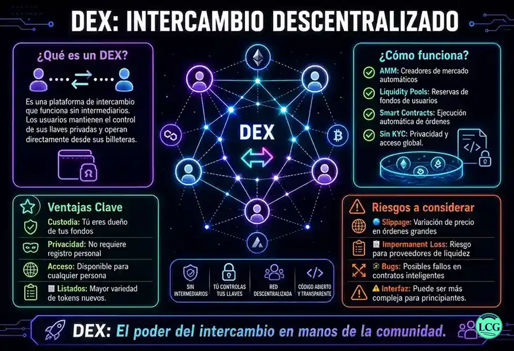 Infograf&iacute;a explicativa sobre Dex en blockchain y crypto