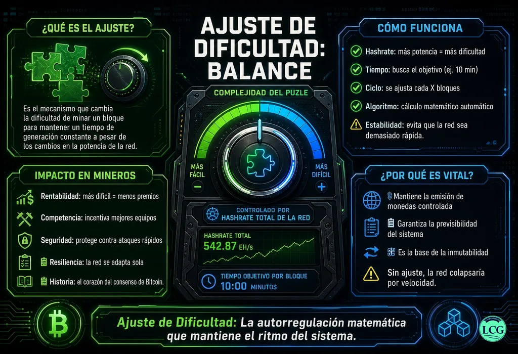 Infograf&iacute;a explicativa sobre Difficulty Adjustment en blockchain y crypto
