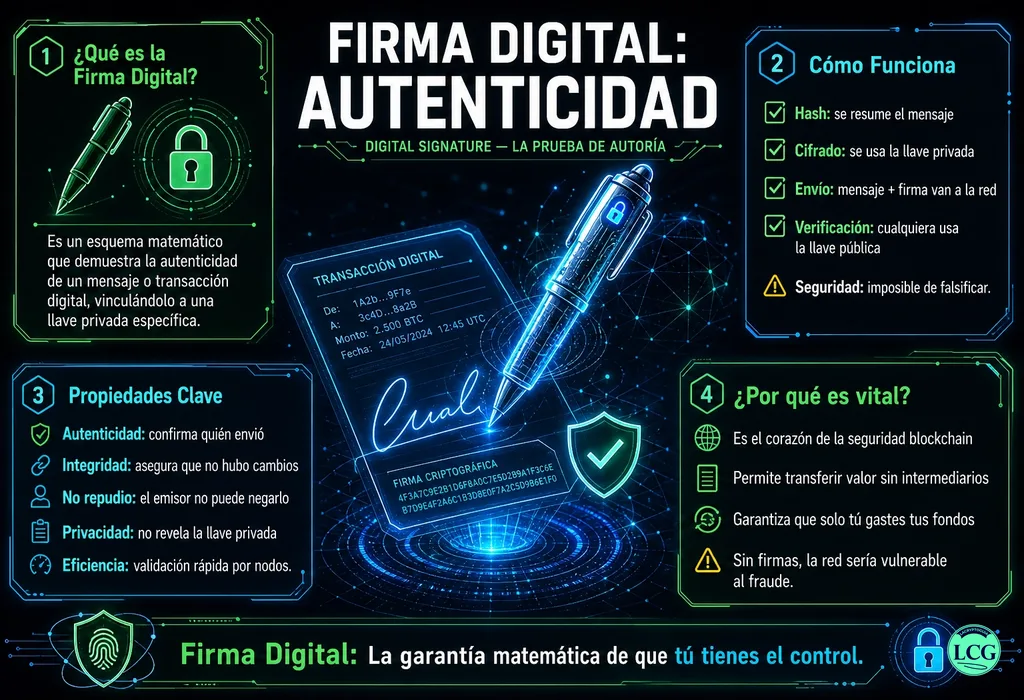 Infograf&iacute;a explicativa sobre Digital Signature en blockchain y crypto
