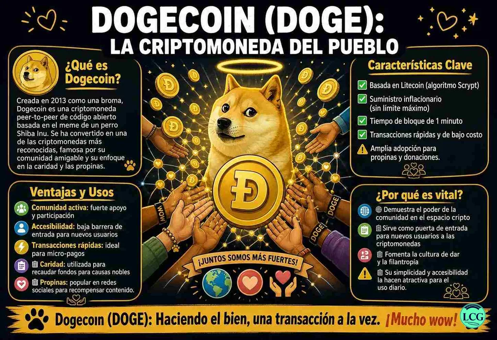 Infograf&iacute;a explicativa sobre Dogecoin en blockchain y crypto
