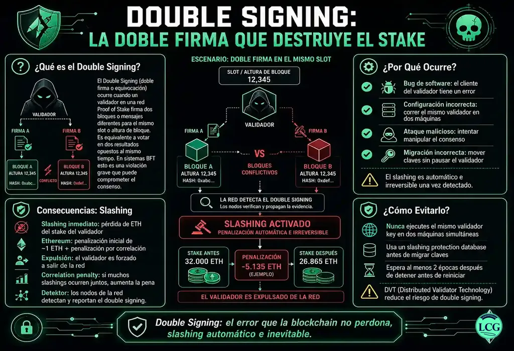 Infograf&iacute;a explicativa sobre Double Signing en blockchain y crypto
