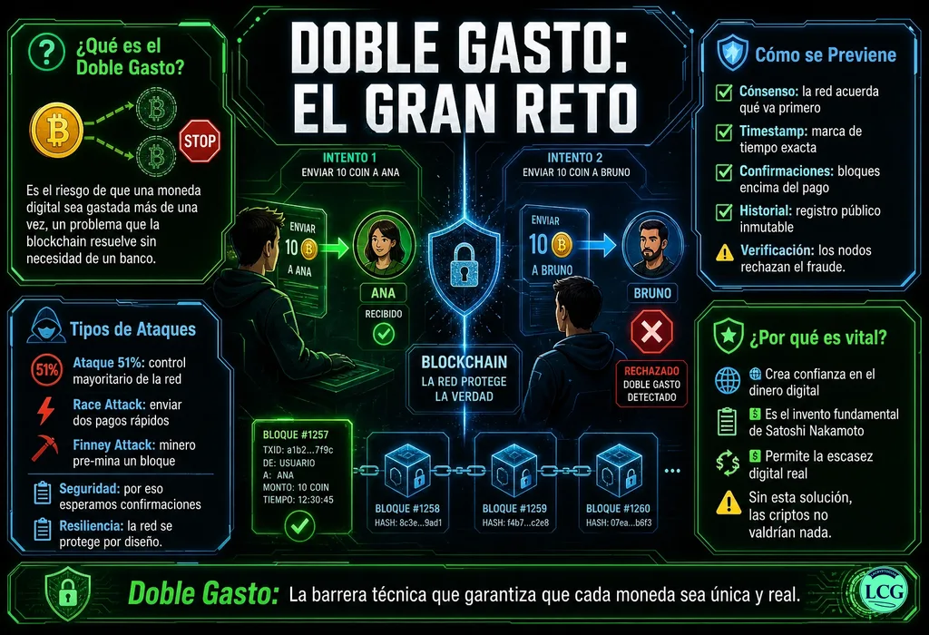 Infograf&iacute;a explicativa sobre Double Spending en blockchain y crypto