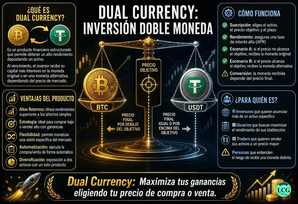 Infograf&iacute;a explicativa sobre Dual Currency en blockchain y crypto