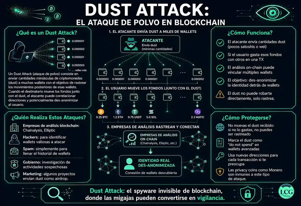 Infograf&iacute;a explicativa sobre Dust Attack en blockchain y crypto