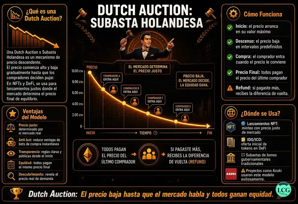 Infograf&iacute;a explicativa sobre Dutch Auction en blockchain y crypto