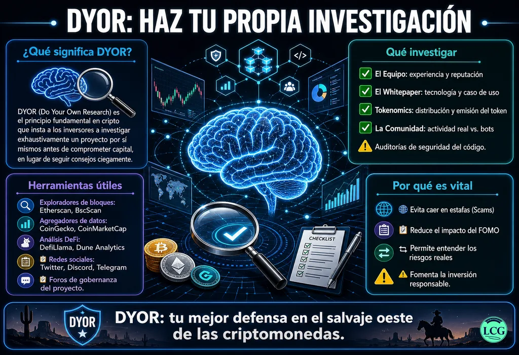 Infograf&iacute;a explicativa sobre Dyor en blockchain y crypto