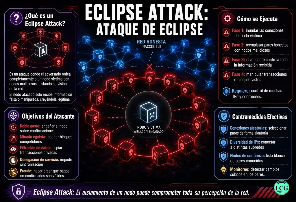 Infograf&iacute;a explicativa sobre Eclipse Attack en blockchain y crypto