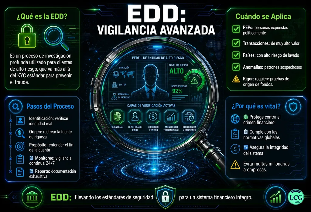 Infograf&iacute;a explicativa sobre Edd Enhanced Due Diligence en blockchain y crypto