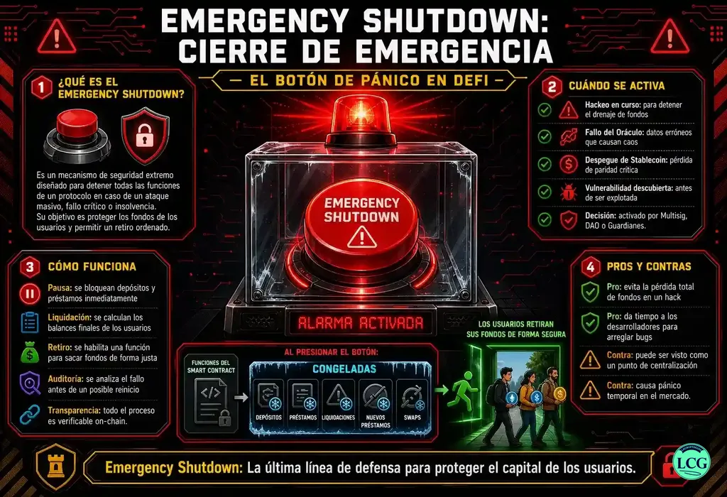 Infograf&iacute;a explicativa sobre Emergency Shutdown en blockchain y crypto