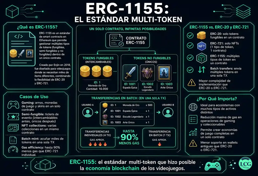 Infograf&iacute;a explicativa sobre Erc 1155 en blockchain y crypto