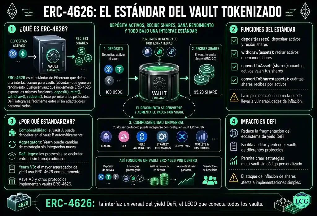 Infografía explicativa sobre Erc 4626 en blockchain y crypto