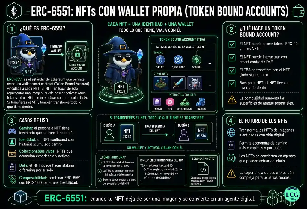 Infograf&iacute;a explicativa sobre Erc 6551 en blockchain y crypto