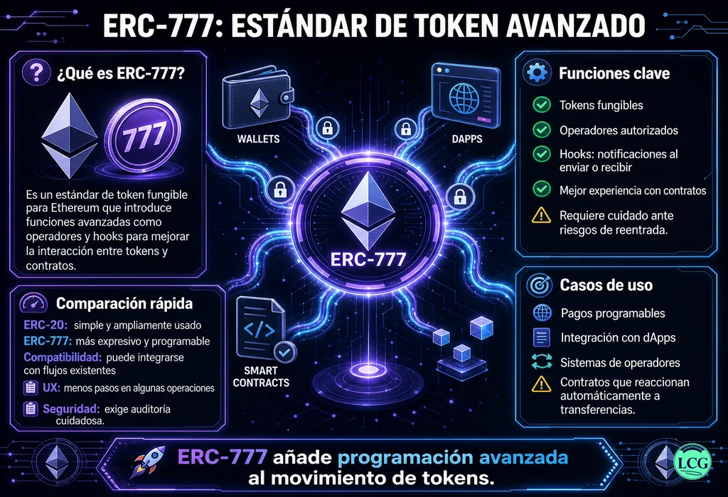 Infograf&iacute;a explicativa sobre Erc 777 en blockchain y crypto
