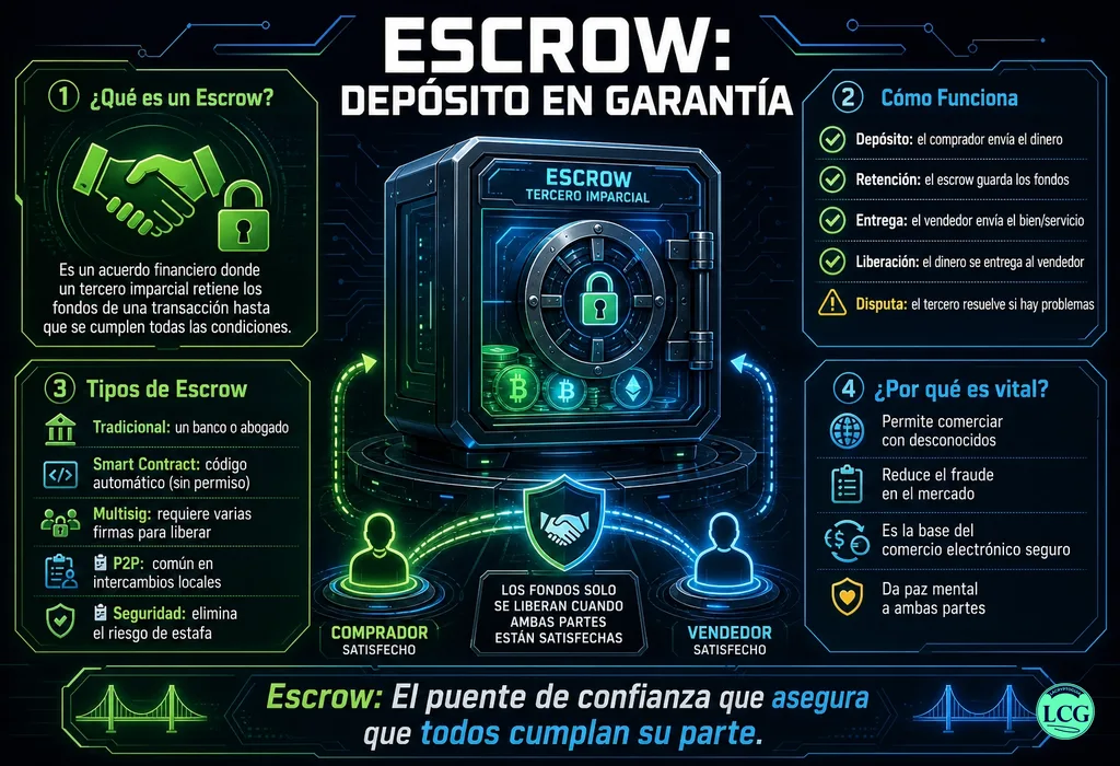 Infograf&iacute;a explicativa sobre Escrow en blockchain y crypto