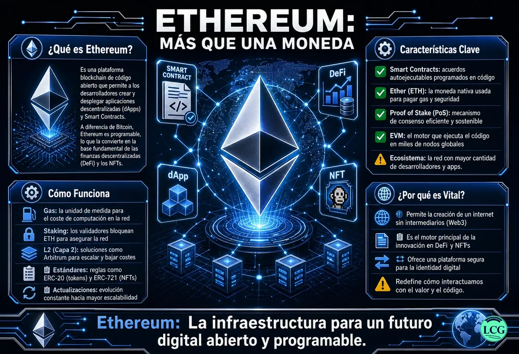 Infograf&iacute;a explicativa sobre Ethereum en blockchain y crypto