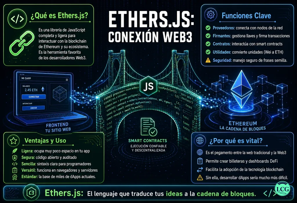 Infograf&iacute;a explicativa sobre Ethers Js en blockchain y crypto