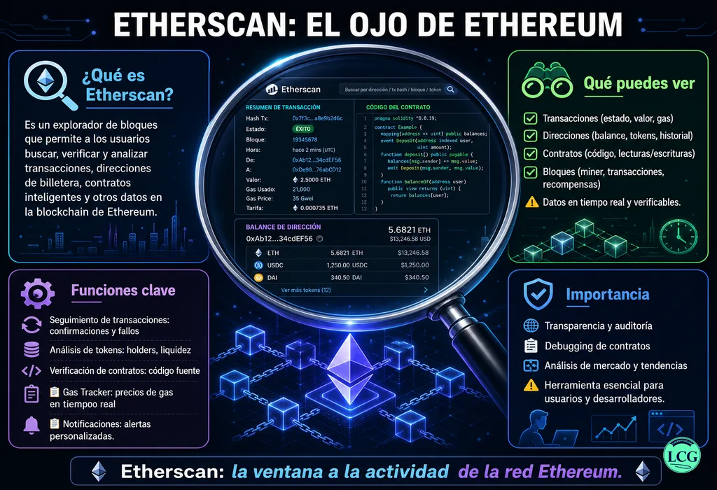 Infograf&iacute;a explicativa sobre Etherscan en blockchain y crypto