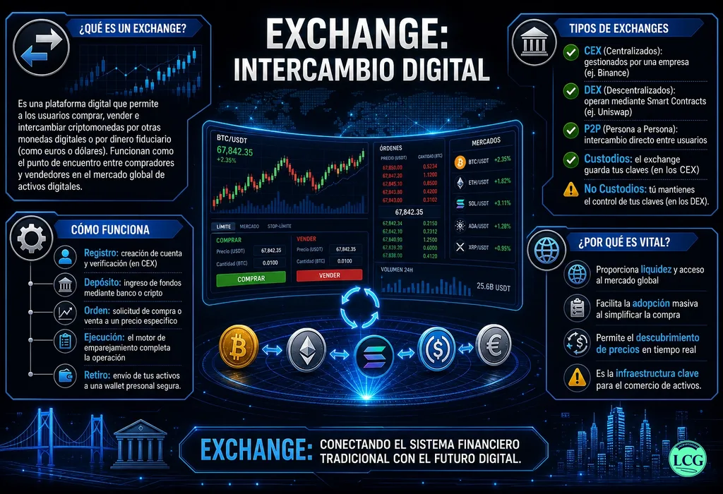 Infograf&iacute;a explicativa sobre Exchange en blockchain y crypto