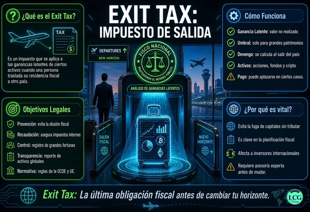 Infograf&iacute;a explicativa sobre Exit Tax en blockchain y crypto