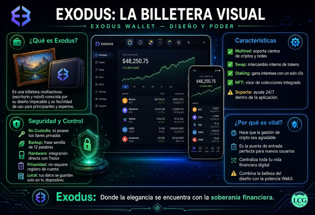 Infograf&iacute;a explicativa sobre Exodus Wallet en blockchain y crypto