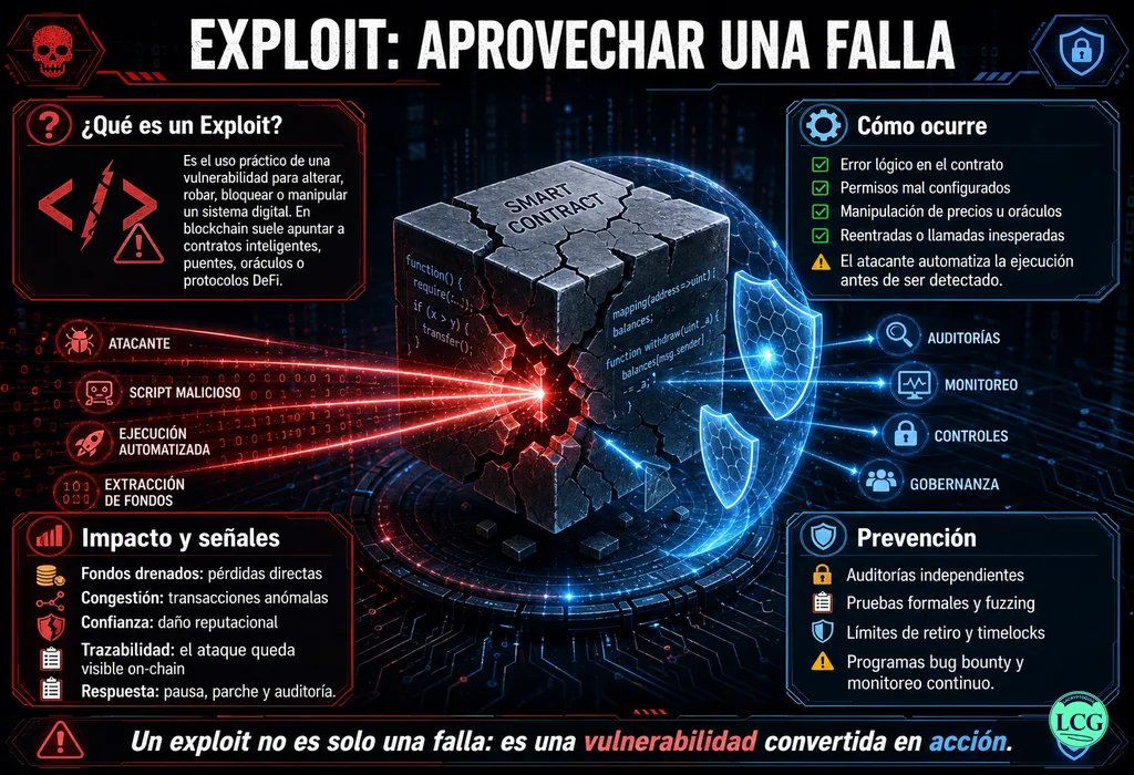 Infograf&iacute;a explicativa sobre Exploit en blockchain y crypto