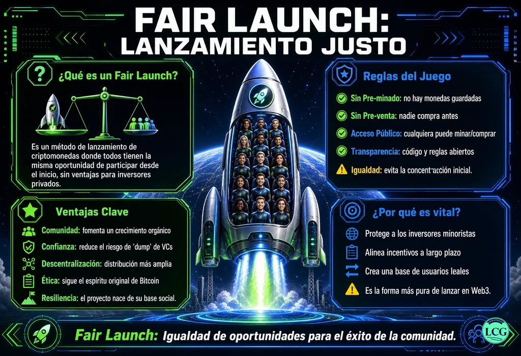 Infograf&iacute;a explicativa sobre Fair Launch en blockchain y crypto