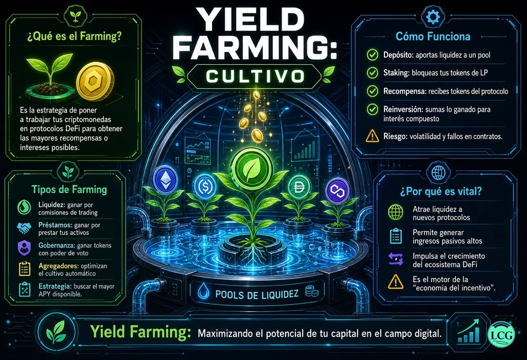 Infograf&iacute;a explicativa sobre Farming en blockchain y crypto