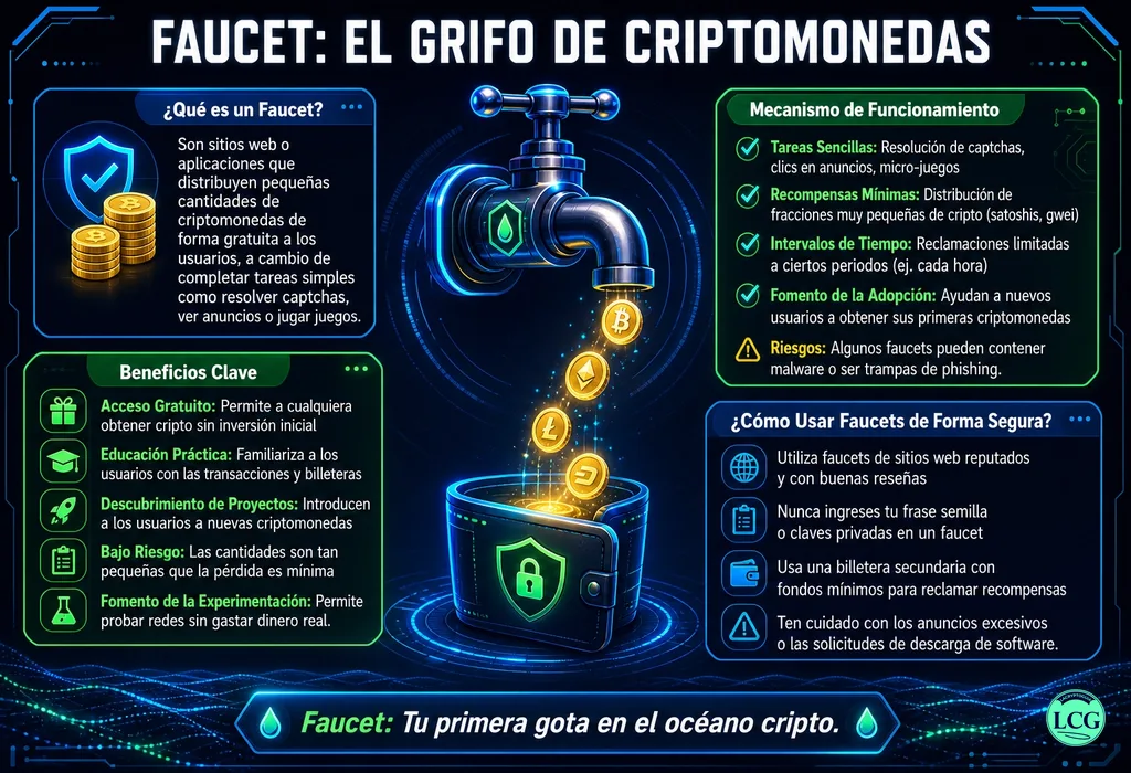 Infograf&iacute;a explicativa sobre Faucet en blockchain y crypto