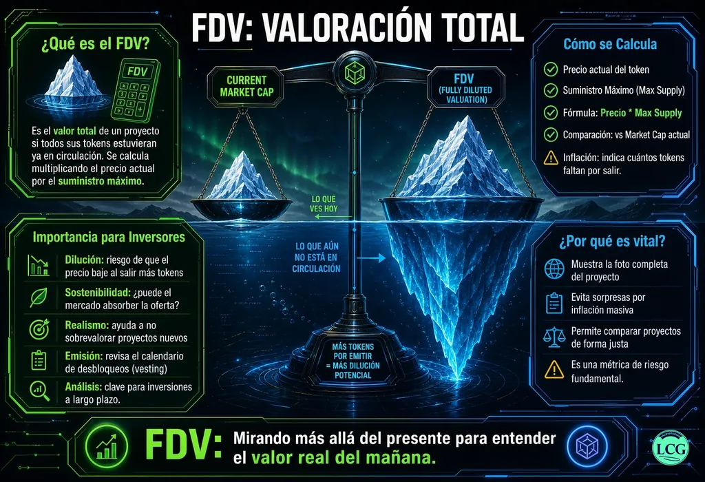 Infograf&iacute;a explicativa sobre Fdv Fully Diluted Valuation en blockchain y crypto