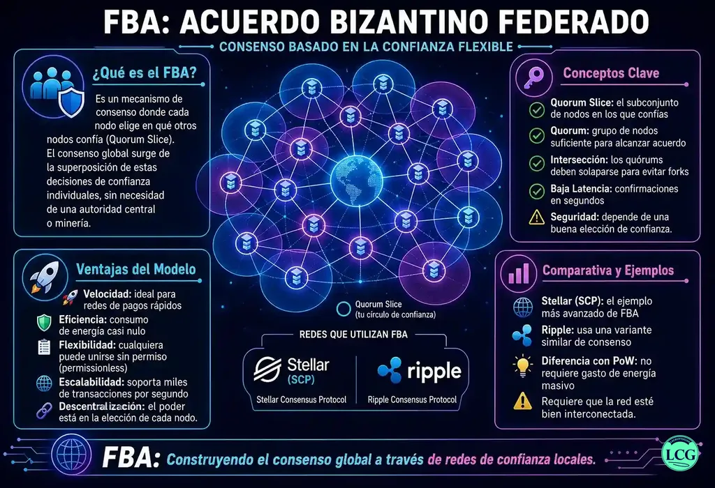 Infograf&iacute;a explicativa sobre Federated Byzantine Agreement (Fba) en blockchain y crypto